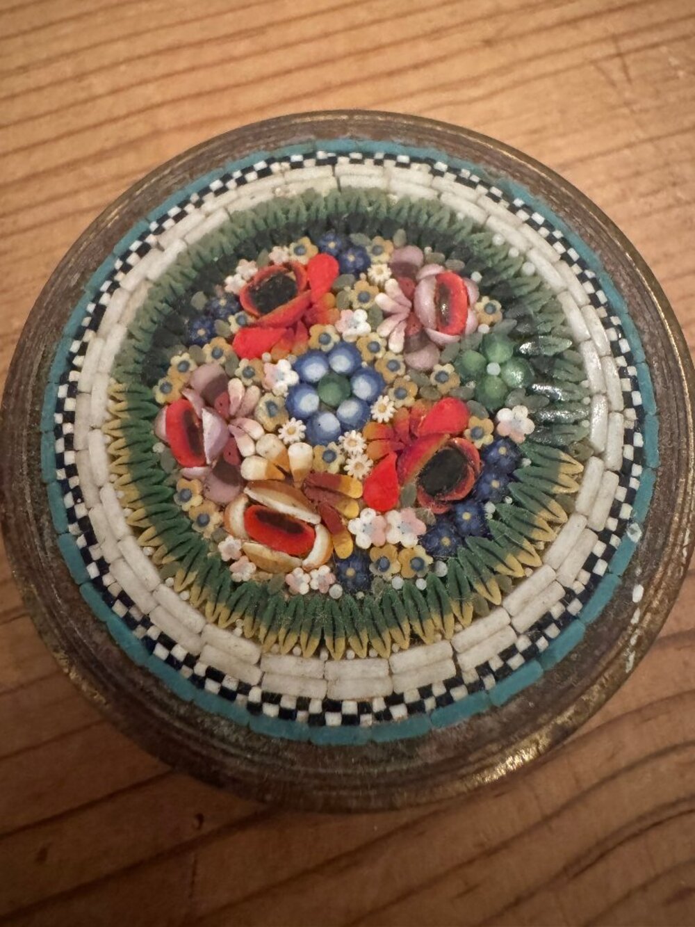 Vintage Italian Micromosaic Floral Rose Powder Compact Brass Empty Case w/ Puff